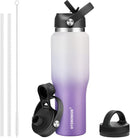 40 oz Insulated Water Bottle with Straw fit in Car Cup Holder(Cold 48 hrs, Hot 24 hrs) Drinking Bottle with Straw Lid, Spout Lid and Flex Cap Leakproof Travel Thermo Mug,White - Black