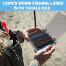 PLUSINNO 133PCS 5.5" Wacky Worm Fishing Lure Kit, Soft Plastic Fishing Lures, Grub Baits Hook Wacky Rig Bass Trout Fishing Worms Lures w/Tackle Box-A