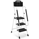 HBTower 3 Step Ladder, Folding Step Stool with Wide Anti-Slip Pedal, 500lbs Sturdy Steel Ladder, Convenient Handgrip, Lightweight, Portable Steel Step Stool, Black