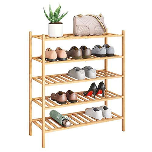 BMOSU 2-Tier Bamboo Shoe Rack Premium Stackable Shoe Shelf Storage Organizer for Hallway Closet Living Room Entryway Organizer (Natural Bamboo)