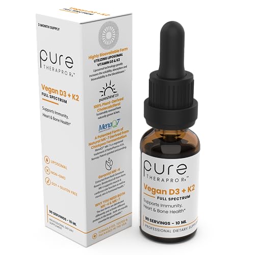 Pure Therapro Rx Vegan Vitamin D3 + K2 Liposomal Supplement | 90 Servings | Maximum Absorption Liquid Vitamins D3 5000 IU and K2-10 for Men and Women - 10 mL