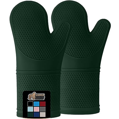 Gorilla Grip Heat and Slip Resistant Silicone Oven Mitts Set, Soft Cotton Lining, Waterproof, BPA-Free, Long Flexible Thick Gloves for Cooking, Kitchen Mitt Potholders, 12.5 in, Black