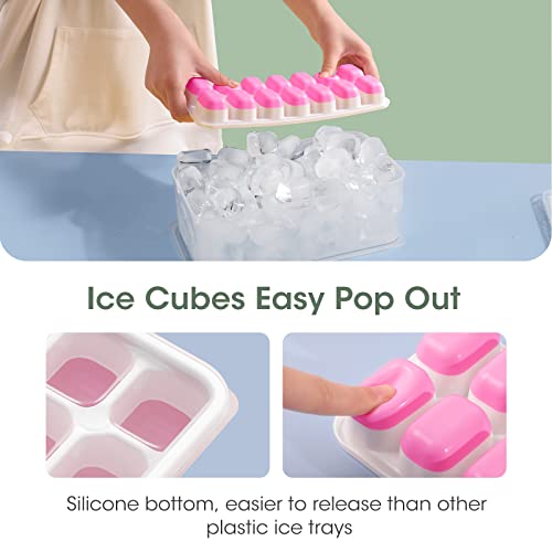 DOQAUS Ice Cube Tray with Lid and Bin, 4 Pack Silicone Plastic Ice Cube Trays for Freezer with Ice Box, Ice Trays with Ice Container, Stackable Ice Tray with Storage Ice Bucket,Ice Tong,Ice Scoop