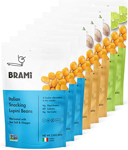 Simply Pickled Lupini Beans Snack by BRAMI | 9g Plant Protein, 0g Net Carbs | Vegan, Vegetarian, Keto, Mediterranean Diet, Non Perishable | 2.3 oz (Variety, 8 Count)