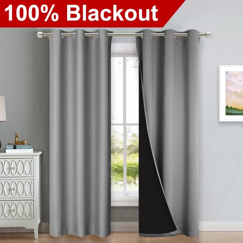 NICETOWN Grey Full Shade Curtain Panels, Pair of Energy Smart & Noise Blocking Out Blackout Drapes for Dining Room Window, Thermal Insulated Guest Room Lined Window Dressing(Gray, 52 x 84 inch)