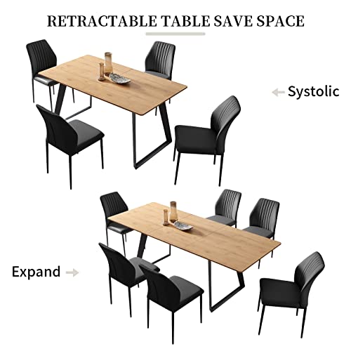 ZckyCine Modern mid-Century Dining Table Dining Table and Chairs for 6 Rectangular Wooden Dining Table Expandable Dining Table Space-Saving Multifunctional Dining Table (Table+6 Brown Chairs)