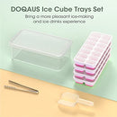 DOQAUS Ice Cube Tray with Lid and Bin, 4 Pack Silicone Plastic Ice Cube Trays for Freezer with Ice Box, Ice Trays with Ice Container, Stackable Ice Tray with Storage Ice Bucket,Ice Tong,Ice Scoop