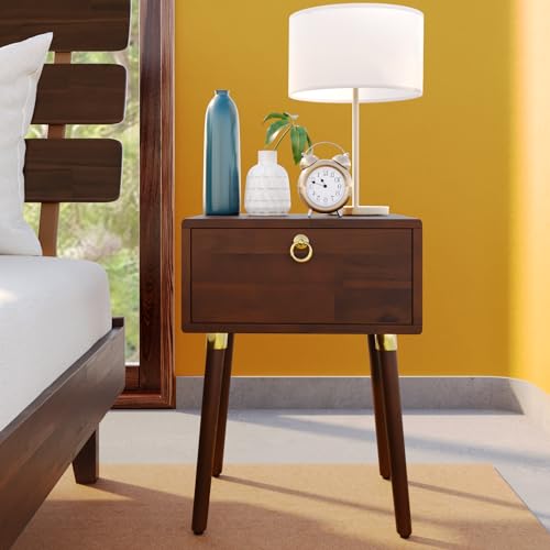 Bme Caden Solid Wood Nightstand/Side Table/End Table, Fully Assembled, with 1-Drawer for Mid Century Bedroom and Living Room, Caramel