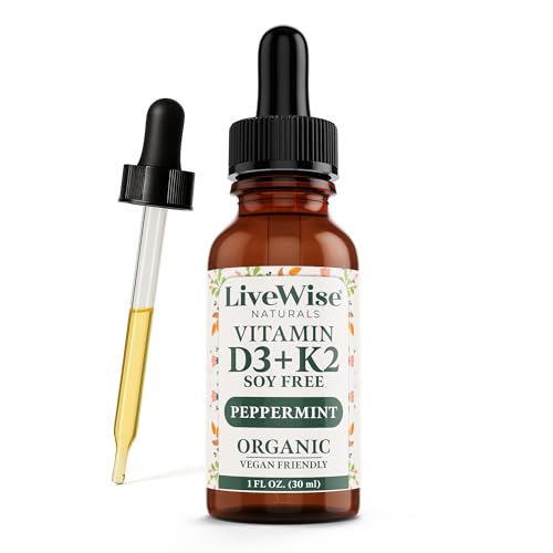 Vitamin D3 with K2 Liquid Drops, All Natural, Non-GMO, 1208iu D3 and 25mcg K2 (mk7) per Serving, Support Your Bones, Immune System and Energy Levels, with or Without Peppermint Oil