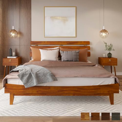 Bme Caden 15" Bed Frame with Adjustable Headboard - Mid Century, Retro Style with Acacia Wood - No Box Spring Needed - Wood Slat Support - Easy Assembly (Caramel, King (U.S. Standard))