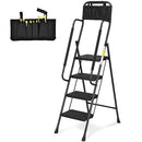 HBTower 3 Step Ladder, Folding Step Stool with Wide Anti-Slip Pedal, 500lbs Sturdy Steel Ladder, Convenient Handgrip, Lightweight, Portable Steel Step Stool, Black