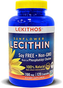 Lekithos 100% All-Natural Sunflower Lecithin Capsules - 120 Count - Rich in Phosphatidyl Choline - Cold Pressed (Solvent Free) - Non-GMO Project Verified - Certified Vegan