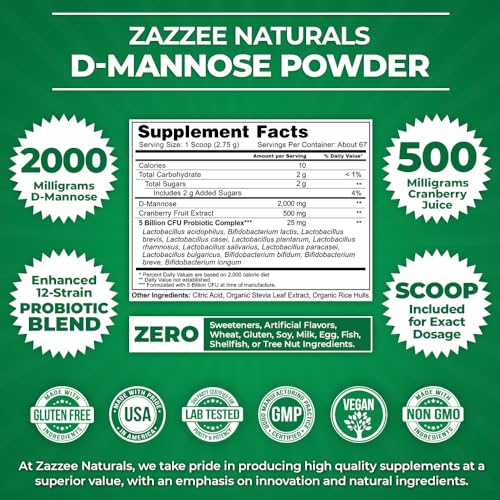 Zazzee D-Mannose Powder Plus, 2000 mg, 67 Servings, Potent & Fast-Acting, Plus 5 Billion CFU Probiotics and Pure Cranberry Juice Extract, Free Scoop, 6.5 Oz, Vegan, Gluten-Free, Non-GMO, All-Natural