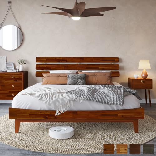 Bme Caden 15" Bed Frame with Adjustable Headboard - Mid Century, Retro Style with Acacia Wood - No Box Spring Needed - Wood Slat Support - Easy Assembly (Caramel, King (U.S. Standard))