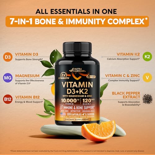 Vitamin D3 K2 - Vitamin D3 10000 iu & K2 as MK-7 120 mcg - Immune & Mood Support, for Bone & Teeth Health - with Magnesium, Zinc & Vitamin C & B12 - Highly Bioavailable - Made in USA, 120 Capsules