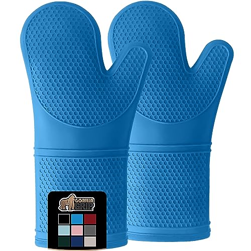 Gorilla Grip Heat and Slip Resistant Silicone Oven Mitts Set, Soft Cotton Lining, Waterproof, BPA-Free, Long Flexible Thick Gloves for Cooking, Kitchen Mitt Potholders, 12.5 in, Black