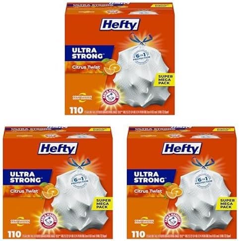 Hefty Ultra Strong 13 Gallon Trash Bags, Tall Kitchen Trash Bags 13 Gallon Size, Drawstring Closure, Continuous Odor Control, White, Clean Burst Scent, 110 Bags