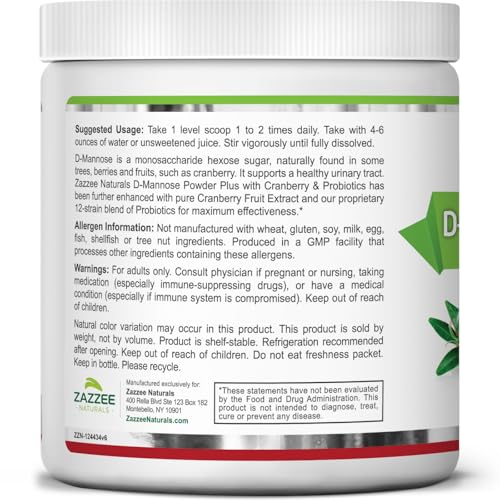 Zazzee D-Mannose Powder Plus, 2000 mg, 67 Servings, Potent & Fast-Acting, Plus 5 Billion CFU Probiotics and Pure Cranberry Juice Extract, Free Scoop, 6.5 Oz, Vegan, Gluten-Free, Non-GMO, All-Natural