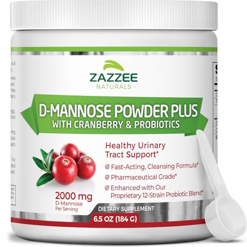 Zazzee D-Mannose Powder Plus, 2000 mg, 67 Servings, Potent & Fast-Acting, Plus 5 Billion CFU Probiotics and Pure Cranberry Juice Extract, Free Scoop, 6.5 Oz, Vegan, Gluten-Free, Non-GMO, All-Natural