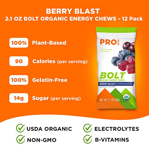 PROBAR - Bolt Organic Energy Chews, Strawberry, Non-GMO, Gluten-Free, USDA Certified Organic, Healthy, Natural Energy, Fast Fuel with Vitamins B & C, 2.1 Ounce (Pack of 12)