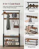 VASAGLE Coat Rack, Hall Tree with Shoe Bench for Entryway, Entryway Bench with Coat Rack, 4-in-1, with 9 Removable Hooks, a Hanging Rod, 13.3 x 28.3 x 72.1 Inches, Rustic Brown and Black UHSR40B