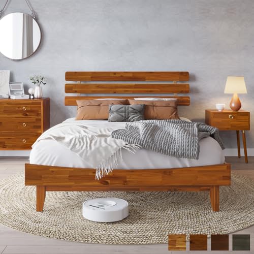 Bme Caden 15" Bed Frame with Adjustable Headboard - Mid Century, Retro Style with Acacia Wood - No Box Spring Needed - Wood Slat Support - Easy Assembly (Caramel, King (U.S. Standard))