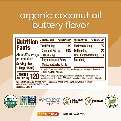 Nutiva Organic Coconut Oil with Non-Dairy Butter Flavor, 29 Fl. Oz. USDA Organic, Non-GMO, Whole 30 Approved, Vegan & Gluten-Free, Plant-Based Replacement for Butter