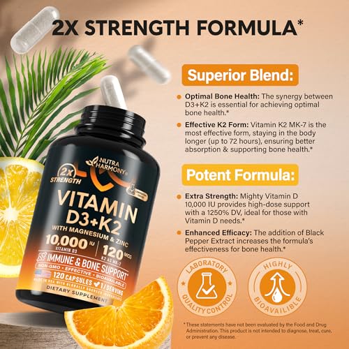 Vitamin D3 K2 - Vitamin D3 10000 iu & K2 as MK-7 120 mcg - Immune & Mood Support, for Bone & Teeth Health - with Magnesium, Zinc & Vitamin C & B12 - Highly Bioavailable - Made in USA, 120 Capsules