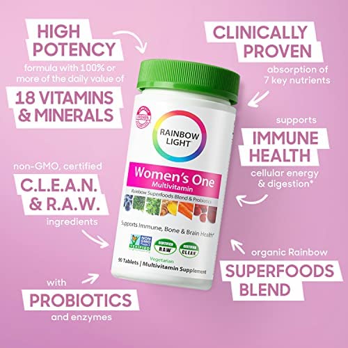 Rainbow Light Multivitamin for Women, Vitamin C, D & Zinc, Probiotics, Women’s One Multivitamin Provides High Potency Immune Support, Non-GMO, Vegetarian, 60 Tablets