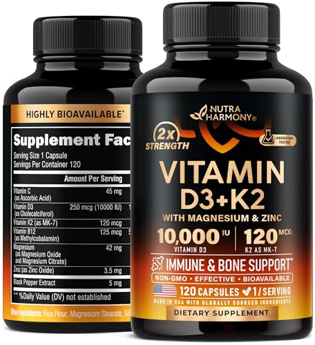 Vitamin D3 K2 - Vitamin D3 10000 iu & K2 as MK-7 120 mcg - Immune & Mood Support, for Bone & Teeth Health - with Magnesium, Zinc & Vitamin C & B12 - Highly Bioavailable - Made in USA, 120 Capsules