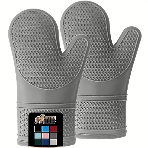 Gorilla Grip Heat and Slip Resistant Silicone Oven Mitts Set, Soft Cotton Lining, Waterproof, BPA-Free, Long Flexible Thick Gloves for Cooking, Kitchen Mitt Potholders, 12.5 in, Black