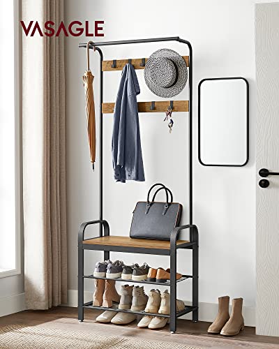 VASAGLE Coat Rack, Hall Tree with Shoe Bench for Entryway, Entryway Bench with Coat Rack, 4-in-1, with 9 Removable Hooks, a Hanging Rod, 13.3 x 28.3 x 72.1 Inches, Rustic Brown and Black UHSR40B