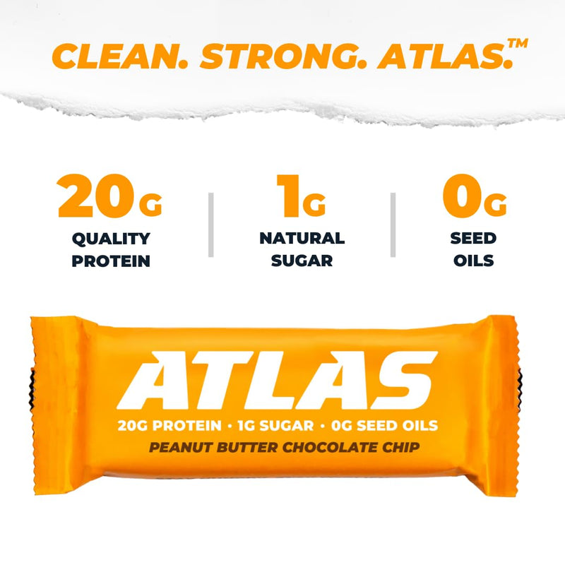 Atlas Protein Bar, 20g Protein, 1g Sugar, Clean Ingredients, Gluten Free (Peanut Butter Chocolate Chip, 12 Count (Pack of 1))