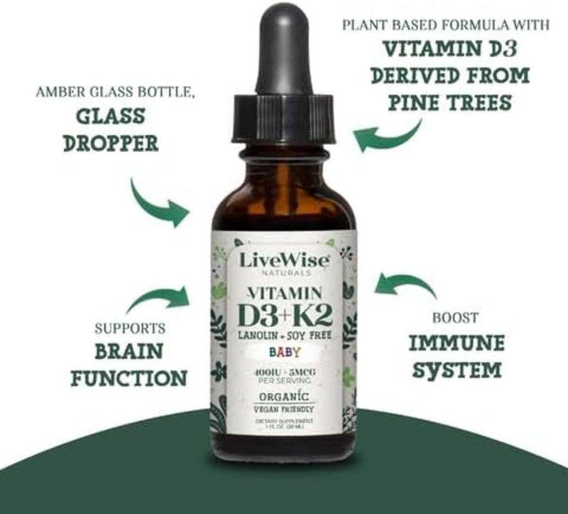 Vitamin D3 with K2 Liquid Drops, All Natural, Non-GMO, 1208iu D3 and 25mcg K2 (mk7) per Serving, Support Your Bones, Immune System and Energy Levels, with or Without Peppermint Oil
