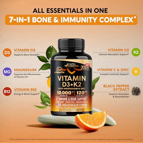 Vitamin D3 K2 - Vitamin D3 10000 iu & K2 as MK-7 120 mcg - Immune & Mood Support, for Bone & Teeth Health - with Magnesium, Zinc & Vitamin C & B12 - Highly Bioavailable - Made in USA, 120 Capsules