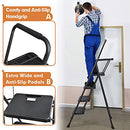 HBTower 3 Step Ladder, Folding Step Stool with Wide Anti-Slip Pedal, 500lbs Sturdy Steel Ladder, Convenient Handgrip, Lightweight, Portable Steel Step Stool, Black