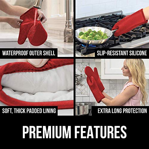 Gorilla Grip Heat and Slip Resistant Silicone Oven Mitts Set, Soft Cotton Lining, Waterproof, BPA-Free, Long Flexible Thick Gloves for Cooking, Kitchen Mitt Potholders, 12.5 in, Black