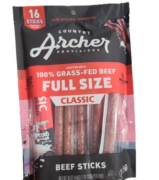 Country Archer Provisions 100% Grass Fed Full Size Classic beef Sticks - 16 Count