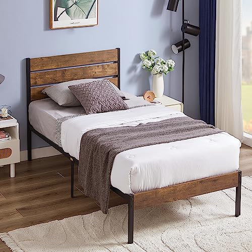 VECELO Platform Twin Bed Frame with Rustic Vintage Wood Headboard and Footboard, Mattress Foundation, Strong Metal Slats Support, No Box Spring Needed