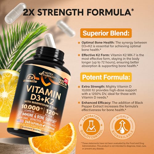 Vitamin D3 K2 - Vitamin D3 10000 iu & K2 as MK-7 120 mcg - Immune & Mood Support, for Bone & Teeth Health - with Magnesium, Zinc & Vitamin C & B12 - Highly Bioavailable - Made in USA, 120 Capsules