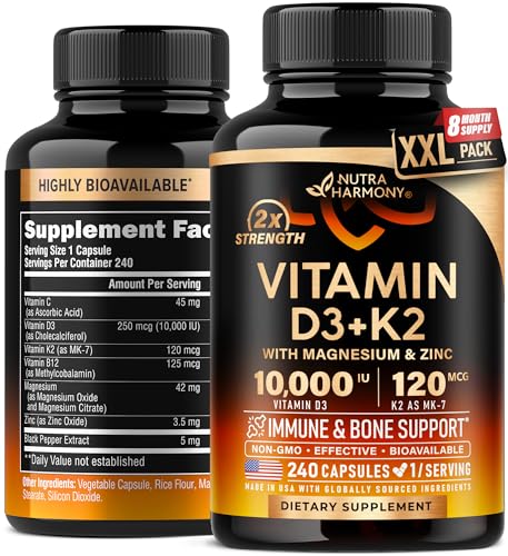 Vitamin D3 K2 - Vitamin D3 10000 iu & K2 as MK-7 120 mcg - Immune & Mood Support, for Bone & Teeth Health - with Magnesium, Zinc & Vitamin C & B12 - Highly Bioavailable - Made in USA, 120 Capsules