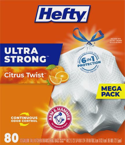 Hefty Ultra Strong 13 Gallon Trash Bags, Tall Kitchen Trash Bags 13 Gallon Size, Drawstring Closure, Continuous Odor Control, White, Clean Burst Scent, 110 Bags