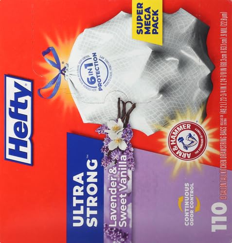 Hefty Ultra Strong 13 Gallon Trash Bags, Tall Kitchen Trash Bags 13 Gallon Size, Drawstring Closure, Continuous Odor Control, White, Clean Burst Scent, 110 Bags