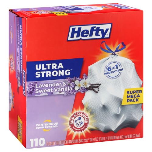 Hefty Ultra Strong 13 Gallon Trash Bags, Tall Kitchen Trash Bags 13 Gallon Size, Drawstring Closure, Continuous Odor Control, White, Clean Burst Scent, 110 Bags