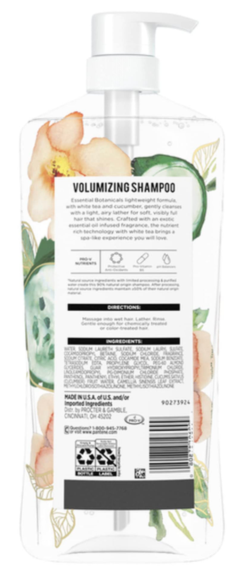 Pantene Essential Botanicals White Tea and Cucumber Volumizing Shampoo and Conditioner Set - 38.2 oz Per Bottle - 0% Parabens, Dyes, Mineral Oil, Phthalates, and Phosphates