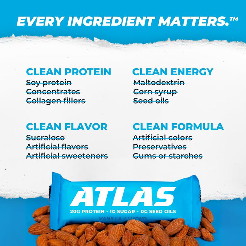 Atlas Protein Bar, 20g Protein, 1g Sugar, Clean Ingredients, Gluten Free (Whey Variety, 12 Count (Pack of 2))