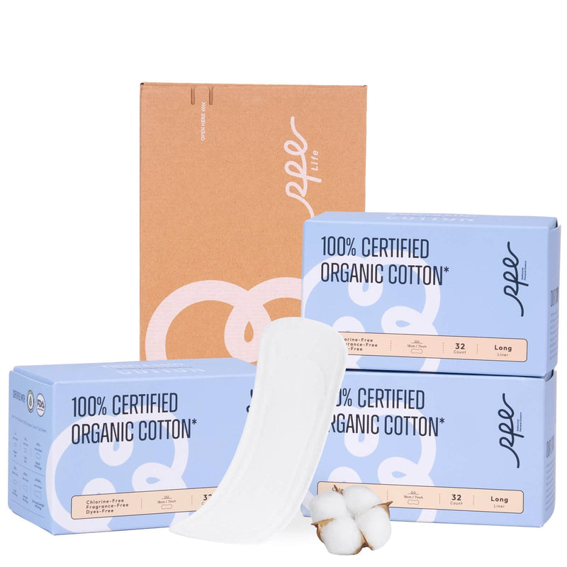 100% Organic Long Panty Liners for Women Long, Ultra Thin Cotton Cover, Long Pantiliners, Light Absorbency, Unscented Barely There Pantie Liners, Individually Wrapped (Long Liner, Size 2, 32ct)