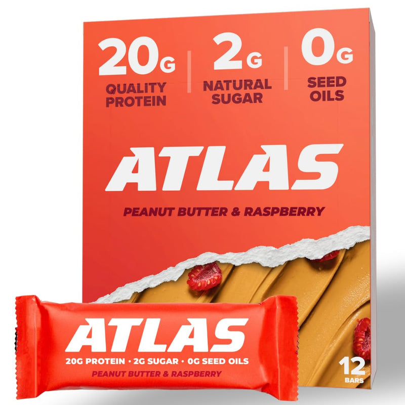 Atlas Protein Bar, 20g Protein, 1g Sugar, Clean Ingredients, Gluten Free (Peanut Butter Raspberry, 12 Count (Pack of 1))