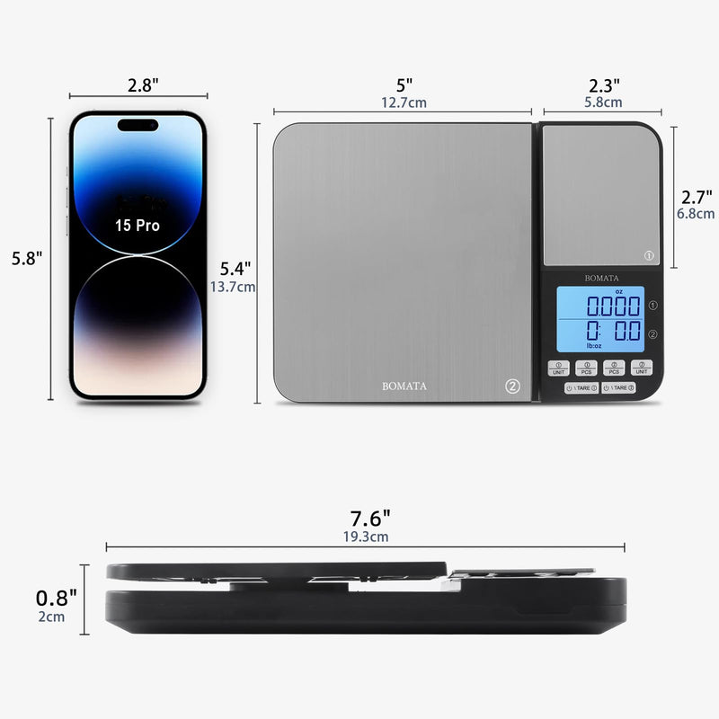 BOMATA Dual Platform Digital Kitchen Scale with Two Precision 0.1g & 0.01g/0.001oz, Max Capacity 11lb/5kg,Tare Function, Units Conversions, Stainless Steel, LCD with Backlit