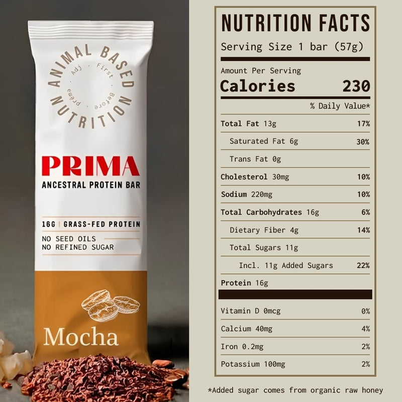 PRIMA ANCESTRAL PROTEIN BAR Grass Fed Protein Bars, 7 Pack – Animal-Based Protein Bar with Beef Tallow, Raw Honey, Seed Oil Free, Low Carb, Gluten-Free – Healthy, Energy Snacks for Clean Lifestyle (7 Pack, Cacao)